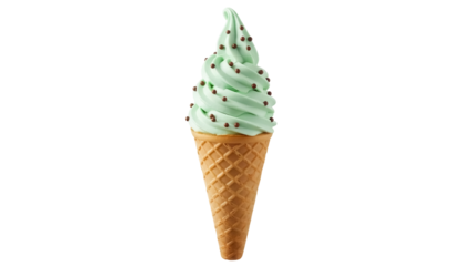 Mint green soft serve ice cream cone with chocolate sprinkles isolated PNG, refreshing summer dessert on transparent background