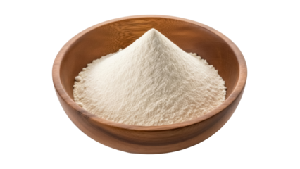 Wooden bowl with white powder isolated PNG, heap of flour or sugar on transparent background, cooking ingredient for baking and desserts