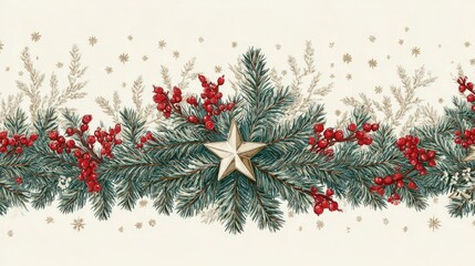 Festive holiday garland of pine branches, red berries, and a central star on a light background.