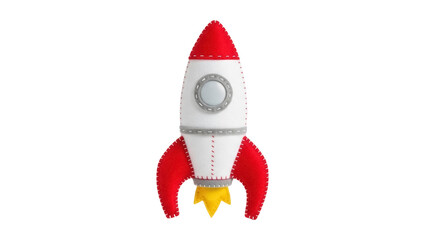 Red and white felt rocket ship isolated PNG, handmade toy for kids room decor and space themed crafts © Sophie