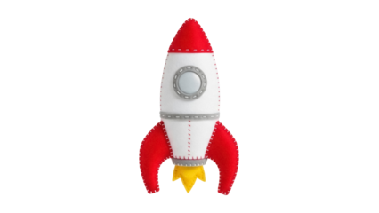 Red and white felt rocket ship isolated PNG, handmade toy for kids room decor and space themed crafts