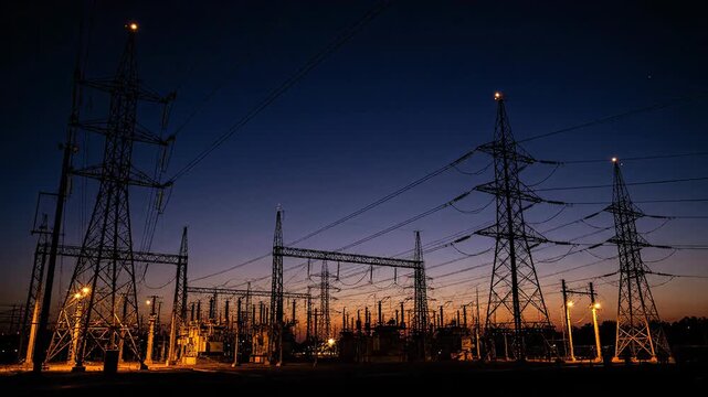 Power Substation and Transmission Towers at Twilight