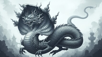 Powerful mythical serpent creature with crowned cobra heads, ancient beast fantasy illustration in dark grayscale tones