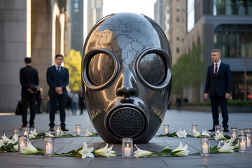 Large gas mask sculpture surrounded by candles and white lilies in city square with suited men
