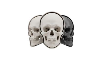 3D Three Skulls, One White, One Black, One Grey on transparent background
