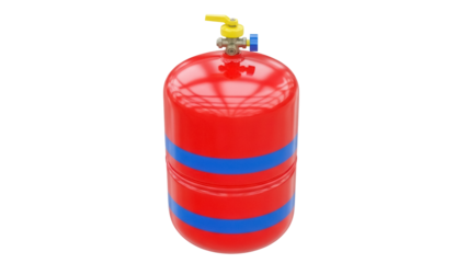 Red gas cylinder PNG isolated on transparent background, industrial compressed gas container with blue stripes and yellow valve for safety and storage