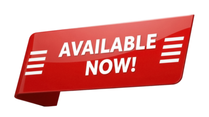 Red banner with AVAILABLE NOW text isolated PNG, promotional graphic element for sales and marketing campaigns on transparent background