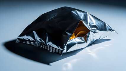 A crumpled black plastic bag with a torn opening on a light blue surface