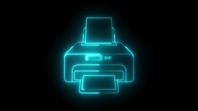 Glowing neon printer icon animation on black background. printer icon with document, representing digital printing and office technology. suitable for office printing, documents.