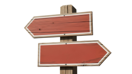 Rustic wooden direction sign isolated PNG on transparent background, vintage road signpost with two arrow pointers for travel and navigation