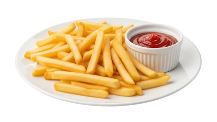 Golden french fries with ketchup isolated PNG, crispy potato sticks on a plate with red dipping...