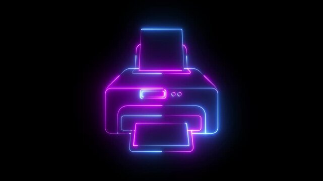 Glowing neon printer icon animation on black background. printer icon with document, representing digital printing and office technology. suitable for office printing, documents.