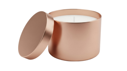 Elegant rose gold candle with lid isolated PNG on transparent background, luxury home decor and aromatherapy for relaxation