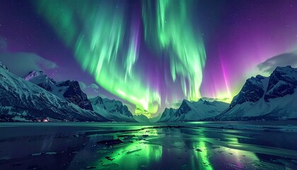 Majestic Aurora Borealis Dancing Above Snowy Mountains and Frozen Lake.