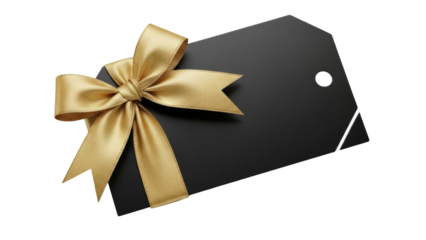 Black gift tag with golden ribbon isolated PNG, elegant label for presents and special occasions on transparent background