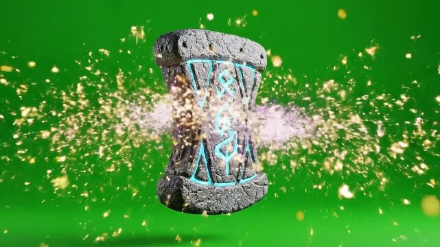 Textured Gray Stone Object with Glowing Blue Symbols Floating on Green Screen with Sparkling Particle Effects for Visual Effects