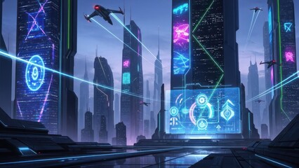 Futuristic Cyberpunk Cityscape at Night with Neon Lights, Flying Vehicles, and Digital Holographic Displays. Sci-Fi Urban Metropolis.