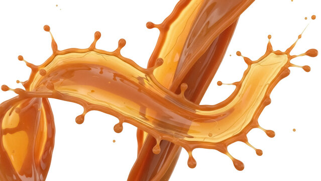 Caramel splash PNG isolated on transparent background, sweet liquid flowing for dessert topping and confectionery designs, delicious golden syrup