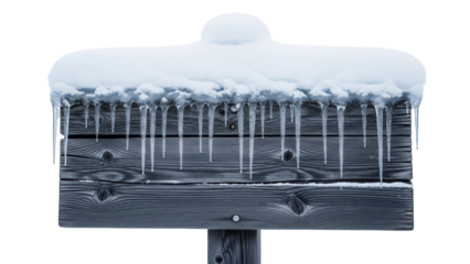 Wooden signpost covered in snow and icicles PNG isolated on transparent background, winter weather concept for design elements
