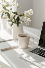 Minimalist Workspace in Pantone 11-4201 Silver White with Laptop, Coffee Cup and Notebook, Scandinavian Clean Background