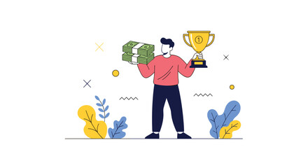 Successful entrepreneur celebrating financial victory holding stack of cash and first place trophy, signifying achievement and wealth.