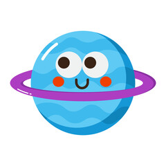 Cute blue ringed planet cartoon space icon, isolated on transparent background.