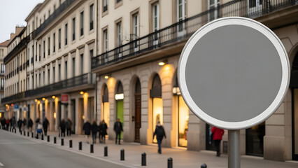 Blurry city street with a blank sign in the foreground