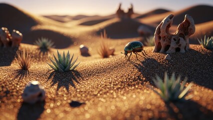 Desert beetle crawls across sandy dunes with small plants under a warm golden light, illustrating a resilient arid ecosystem