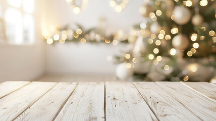 Light Wooden Tabletop with Soft Blurry Warm Living Room Decor in White and Cream Tones and Christmas Garland Background