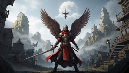 Epic fantasy art of a majestic winged warrior in shining armor holding a sword, standing under a full moon in a mystical ancient world