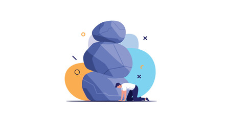 Obraz premium Man kneeling under a pile of heavy rocks, symbolizing the immense pressure, burden, and overwhelming challenges faced in life or business.
