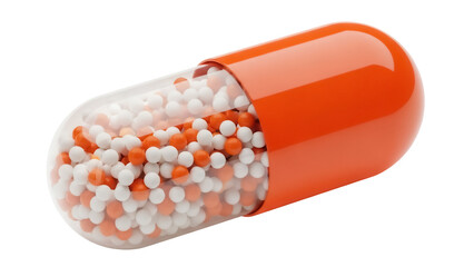 Orange and clear capsule with granules isolated PNG, medicine supplement for healthcare and pharmaceutical use on transparent background