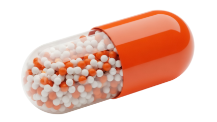 Orange and clear capsule with granules isolated PNG, medicine supplement for healthcare and pharmaceutical use on transparent background