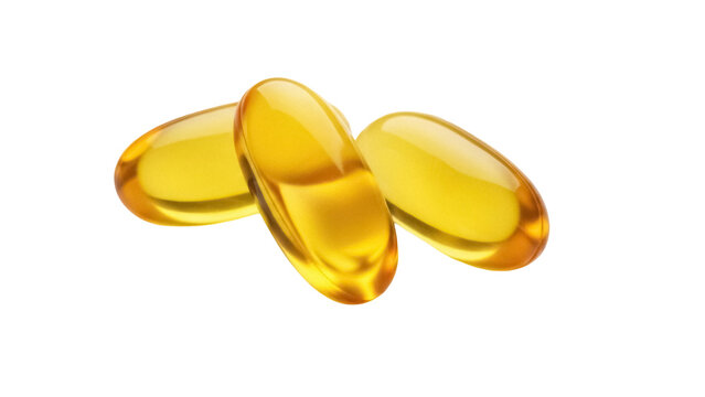 Three golden omega-3 fish oil capsules isolated PNG, dietary supplement for health and wellness on transparent background