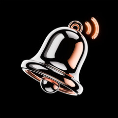 notification bell 3d chrome and rose gold metallic ringing icon on black background
