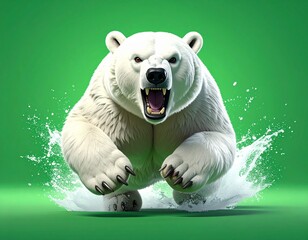 Majestic Polar Bear Charging Forward Through Water, Aggressive and Powerful, Green Background.