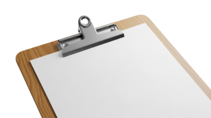 Wooden clipboard with blank paper isolated PNG, office supply for writing notes and documents on transparent background