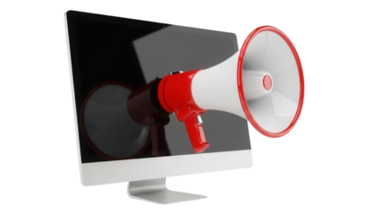 Red and white megaphone coming out of computer screen isolated PNG, online announcement and digital marketing concept on transparent background