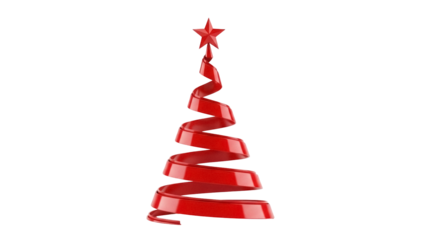 Red spiral Christmas tree with star isolated PNG, modern holiday decoration on transparent background for festive design projects