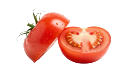 Sliced red tomato isolated PNG on transparent background, fresh vegetable cut in half for cooking and healthy eating