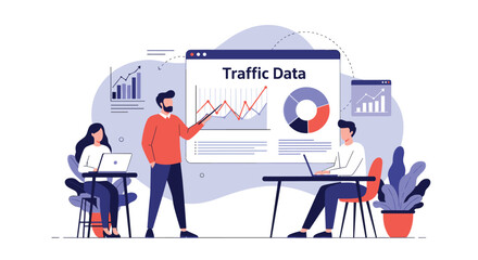 Team presenting 'Traffic Data' on a large screen with charts, illustrating a business meeting focused on marketing analytics and digital performance reports.