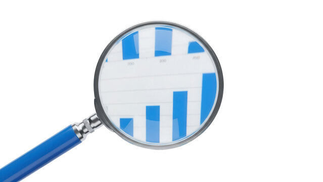 Magnifying glass over bar graph PNG isolated on transparent background, business analysis and data visualization concept