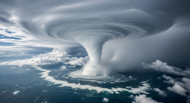 Giant hurricane storm forming a powerful vortex over a turbulent ocean