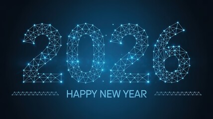 New Year 2026 Greeting Card Design with Futuristic Blue Light Geometry Numbers on Dark Background Ideal for Holiday Celebrations and Digital Invitations