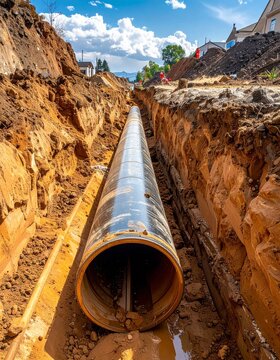 Large diameter pipe installed in a trench for infrastructure development and utility services.