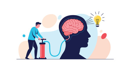Obraz premium Man pumping air into a giant brain with a lightbulb idea, symbolizing the process of brainstorming, generating ideas, and fostering intellectual growth.