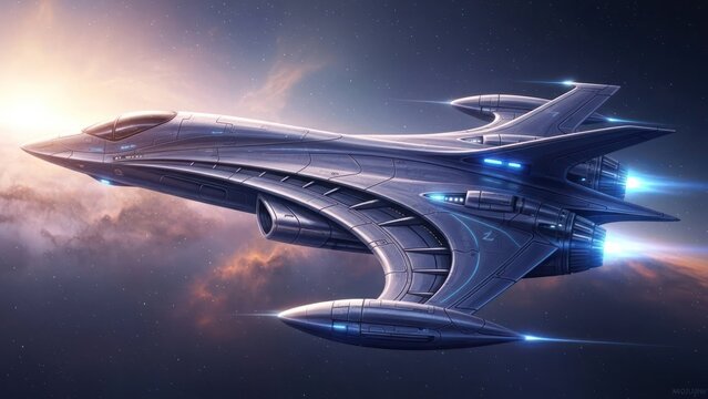 Sleek futuristic spacecraft flying through a cloudy sky at sunrise, advanced sci-fi alien technology, space exploration concept