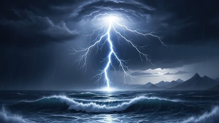 Powerful lightning bolt illuminates rough ocean waves under a dramatic, dark storm sky at night with distant mountains.