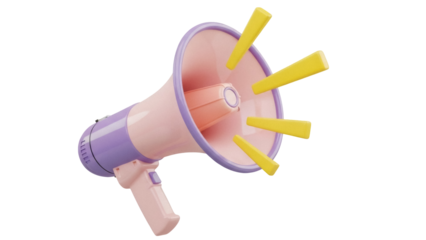 Pink and purple megaphone PNG isolated on transparent background, announcement and communication tool for marketing and promotion