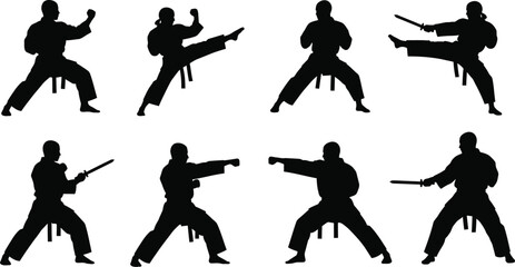 Martial arts poses collection dynamic figures in action on transparent background silhouette © MALA